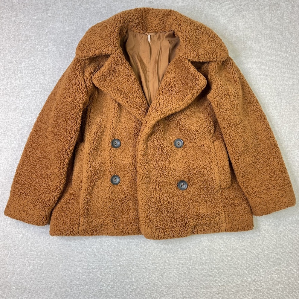 Free People Notched Teddy Peacoat Brown Sherpa Fleece Jacket Women's L